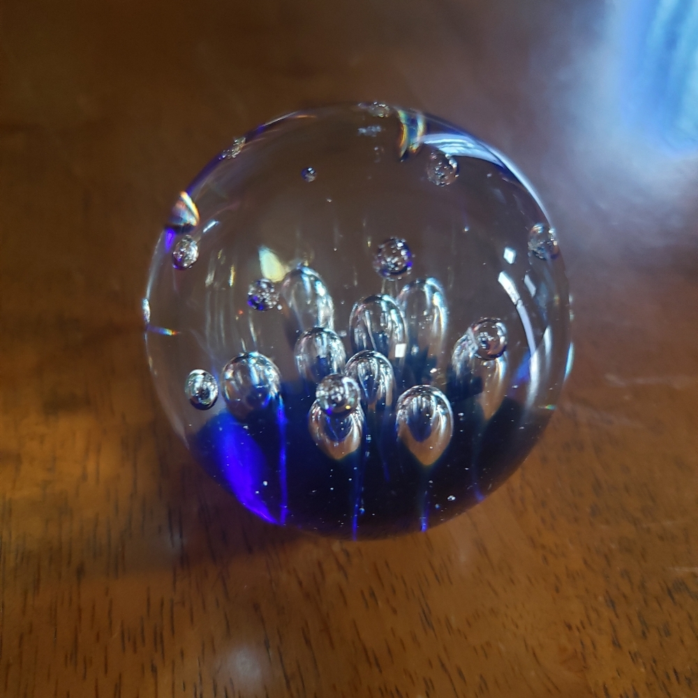 Vintage Colbalt Blue Art Glass Controlled Bubble Paperweight